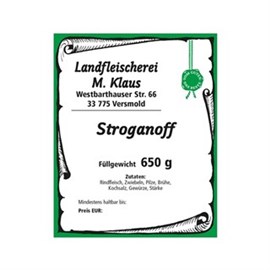 Haftetiketten weiß/grün, eckig Art. 1018/80, "Stroganoff 650g" Produktbild